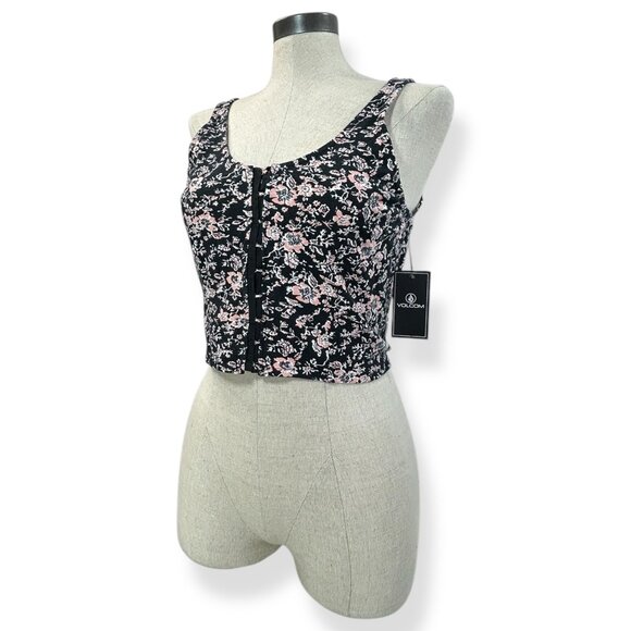 VOLCOM What A Looker Crop Tank Top Sz L Corset Style Tank Eyelet Floral Printed - Picture 1 of 12